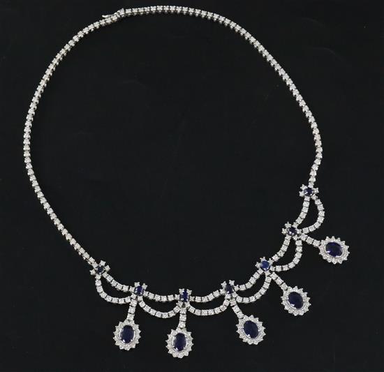 A 1980s Italian 18ct white gold, sapphire and diamond set drop necklace by Cuccarollo Costante, Vicenza, 43cm.